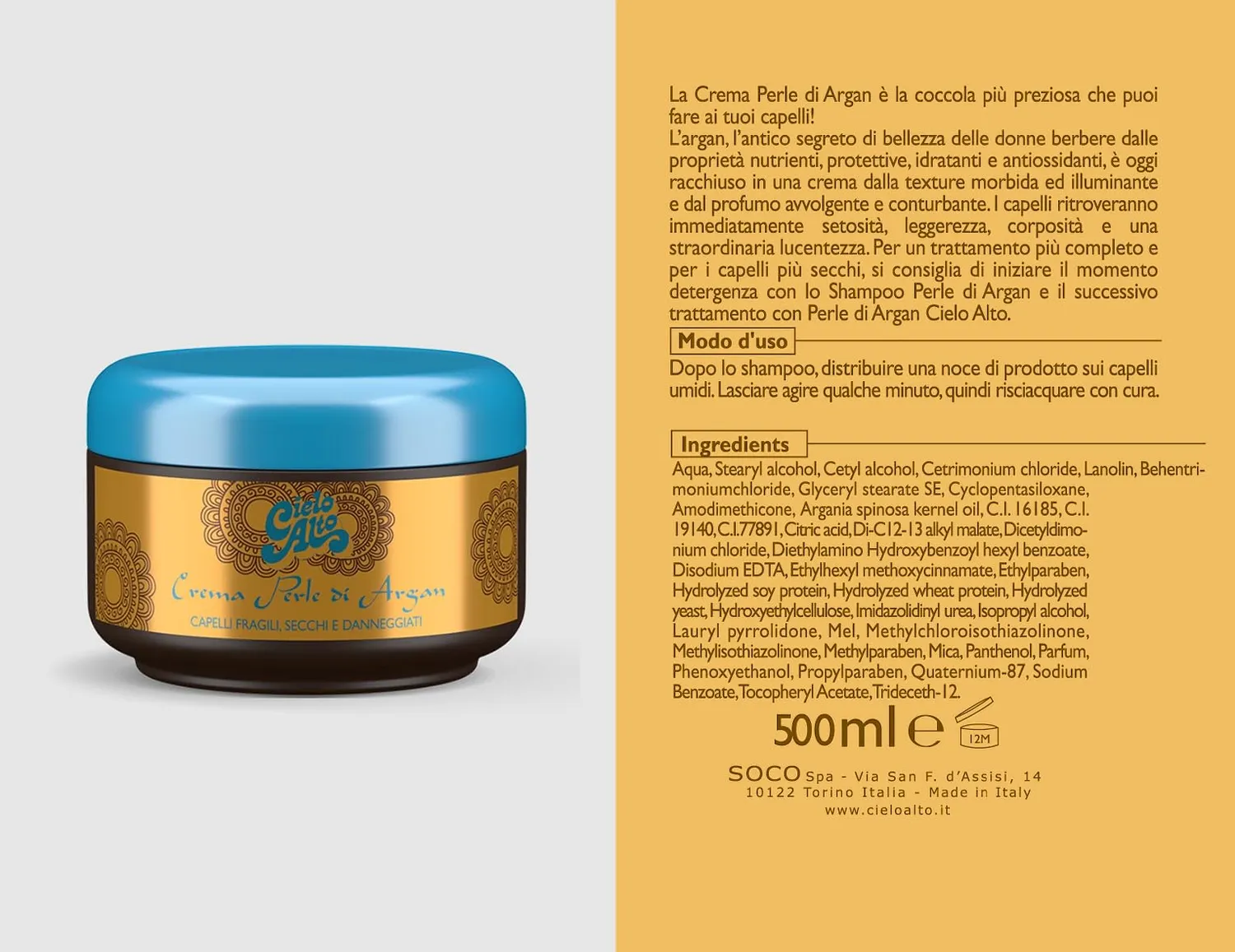 Cielo Alto Crema Perle di Argan 500 ml capelli secchi