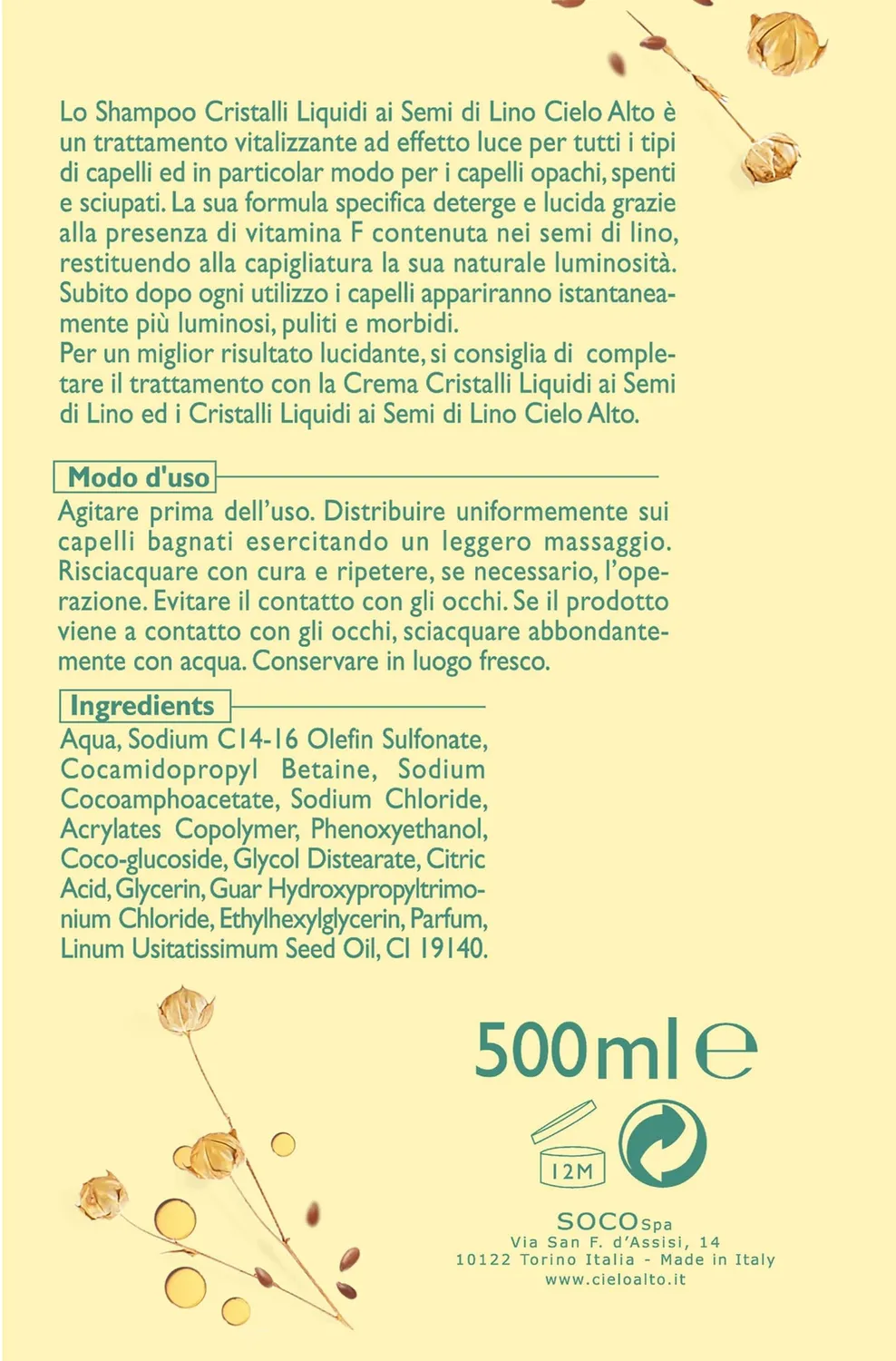Cielo Alto Shampoo Cristalli Liquidi Semi di Lino 500 ml