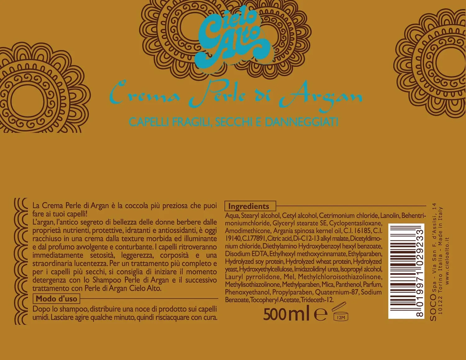 Cielo Alto Crema Perle di Argan 500 ml capelli secchi